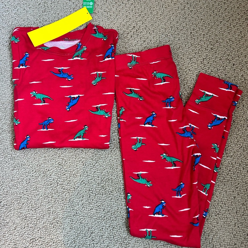 GAP Organic Red Dinosaur Christmas Print Kids Pajama Set NWT